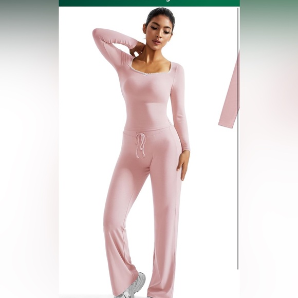 Pink Women’s Lounge Set Lace Square Neck Long Sleeve Top & Wide Leg Pant - Picture 6 of 15